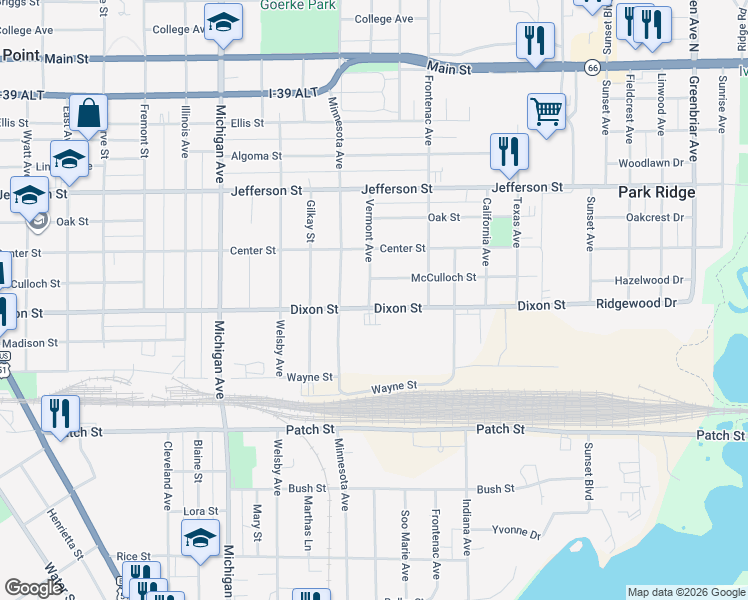 map of restaurants, bars, coffee shops, grocery stores, and more near 3001 Dixon Street in Stevens Point