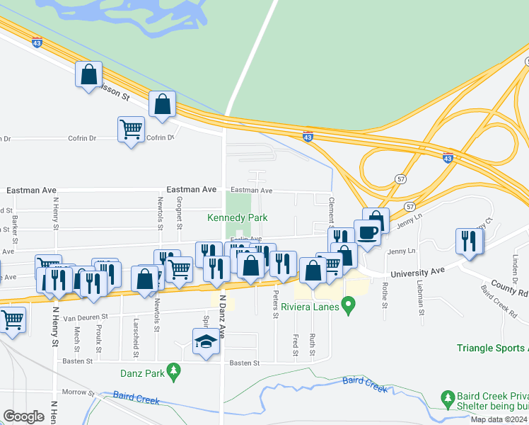 map of restaurants, bars, coffee shops, grocery stores, and more near 2321 Farlin Avenue in Green Bay