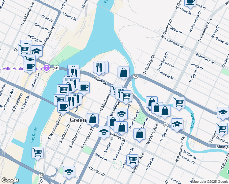 map of restaurants, bars, coffee shops, grocery stores, and more near 300 North Madison Street in Green Bay