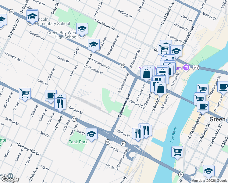 map of restaurants, bars, coffee shops, grocery stores, and more near 320 South Oakland Avenue in Green Bay
