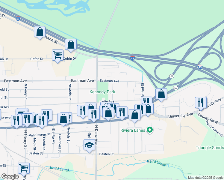 map of restaurants, bars, coffee shops, grocery stores, and more near 2251 Farlin Avenue in Green Bay