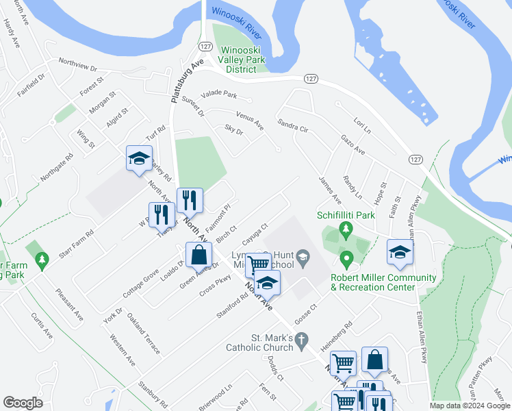 map of restaurants, bars, coffee shops, grocery stores, and more near 96 Birch Court in Burlington