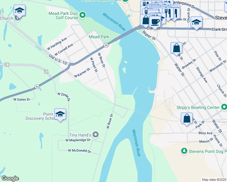 map of restaurants, bars, coffee shops, grocery stores, and more near Green Circle Trail in Stevens Point