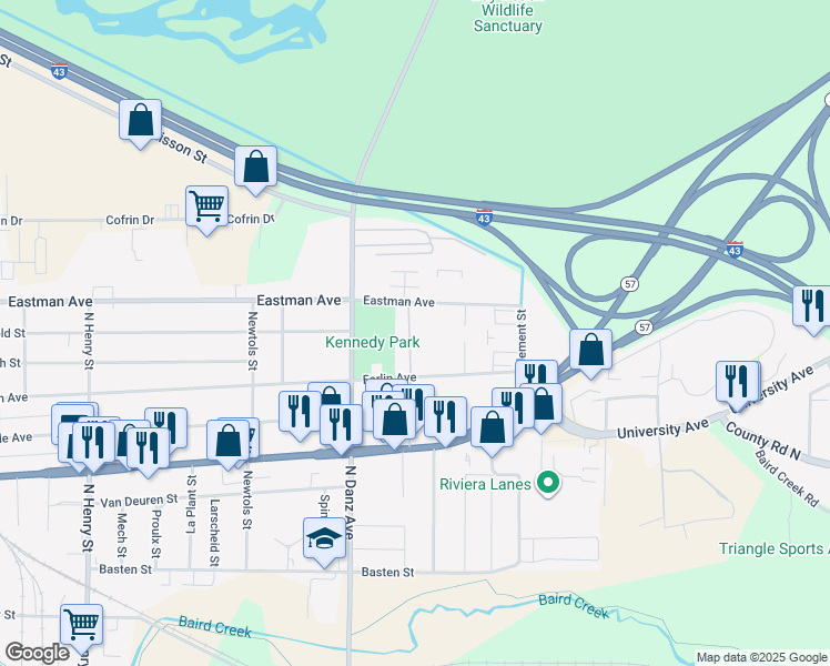 map of restaurants, bars, coffee shops, grocery stores, and more near 2262 Eastman Avenue in Green Bay
