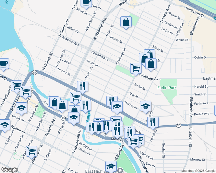map of restaurants, bars, coffee shops, grocery stores, and more near 818 Saint George Street in Green Bay