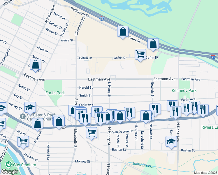 map of restaurants, bars, coffee shops, grocery stores, and more near 1798 Harold Street in Green Bay