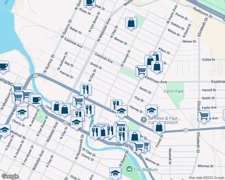 map of restaurants, bars, coffee shops, grocery stores, and more near 1231 Harvey Street in Green Bay