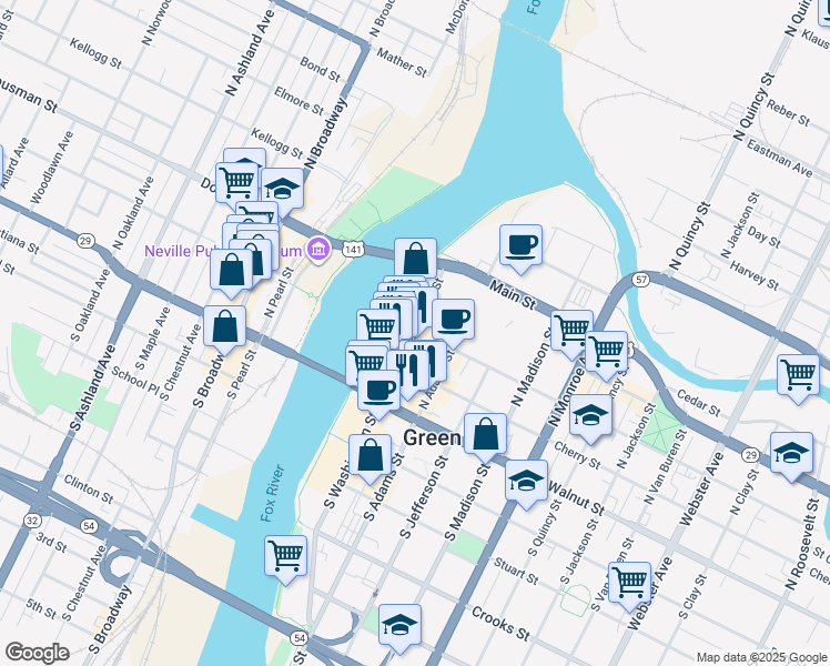 map of restaurants, bars, coffee shops, grocery stores, and more near 201 Cherry Street in Green Bay