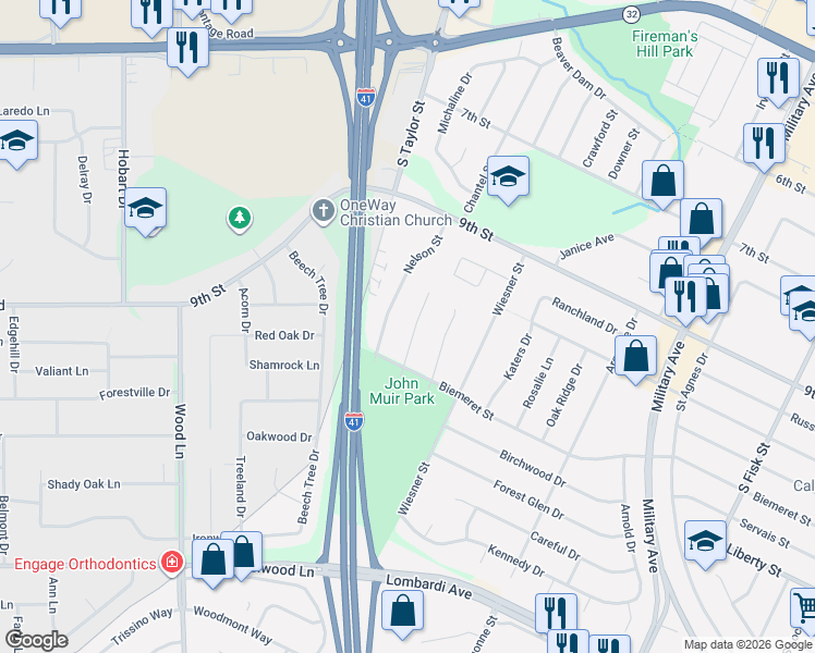 map of restaurants, bars, coffee shops, grocery stores, and more near 1511 Shannon Street in Green Bay