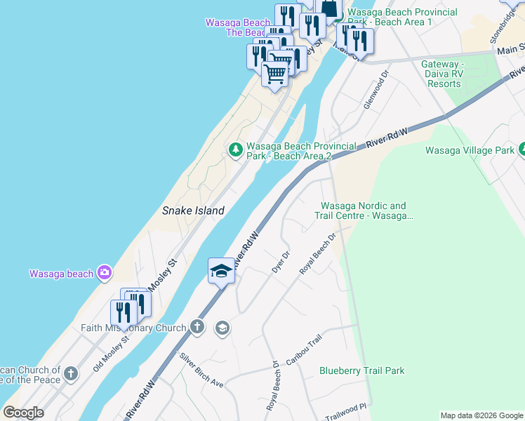 map of restaurants, bars, coffee shops, grocery stores, and more near in Wasaga Beach