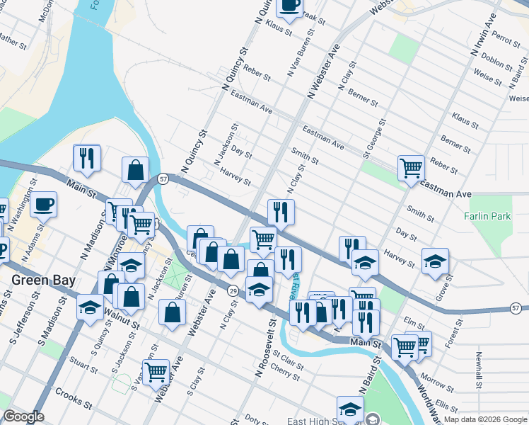 map of restaurants, bars, coffee shops, grocery stores, and more near 837 North Webster Avenue in Green Bay