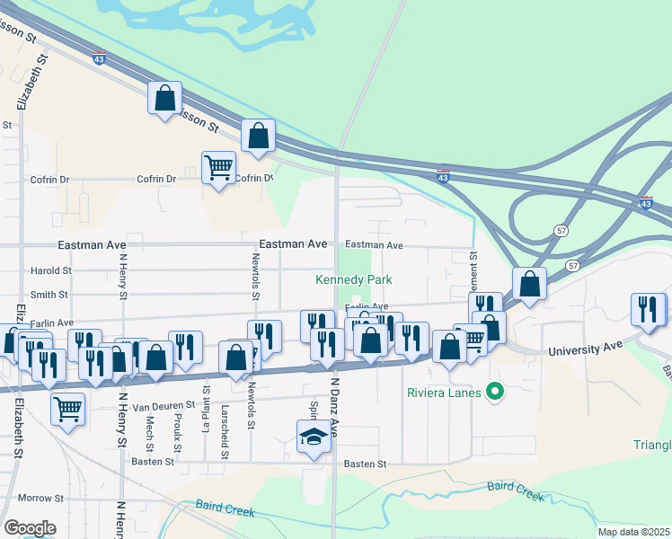 map of restaurants, bars, coffee shops, grocery stores, and more near 1018 North Danz Avenue in Green Bay