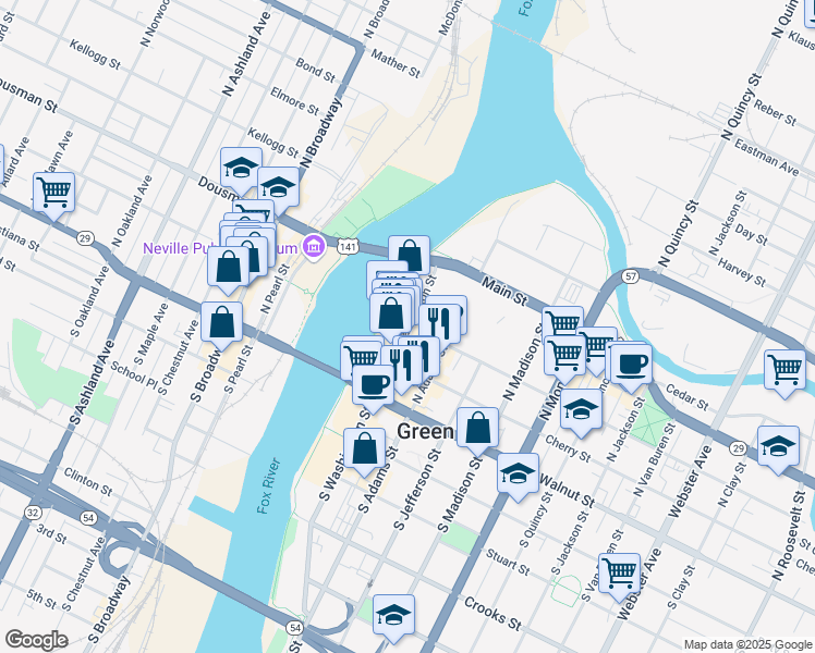 map of restaurants, bars, coffee shops, grocery stores, and more near 400 North Washington Street in Green Bay