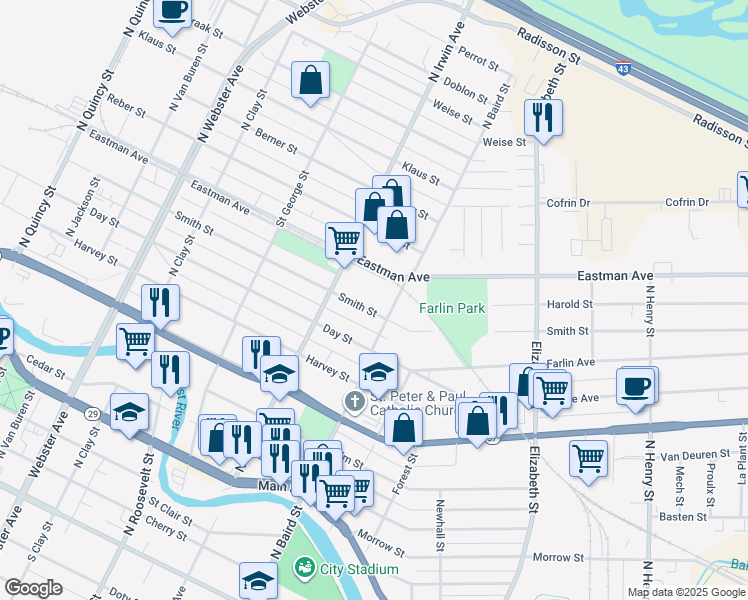 map of restaurants, bars, coffee shops, grocery stores, and more near 1326 Eastman Avenue in Green Bay