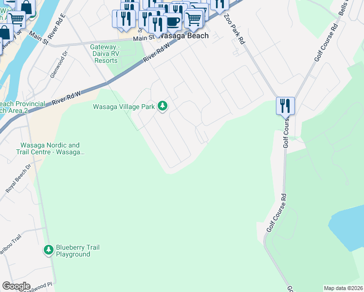 map of restaurants, bars, coffee shops, grocery stores, and more near 142 White Sands Way in Wasaga Beach