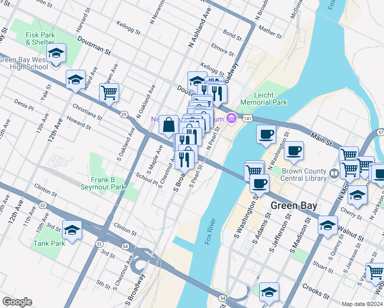 map of restaurants, bars, coffee shops, grocery stores, and more near West Walnut Street in Green Bay