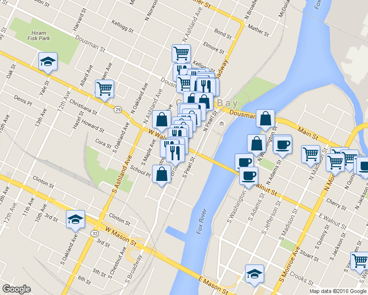 map of restaurants, bars, coffee shops, grocery stores, and more near West Walnut Street in Green Bay