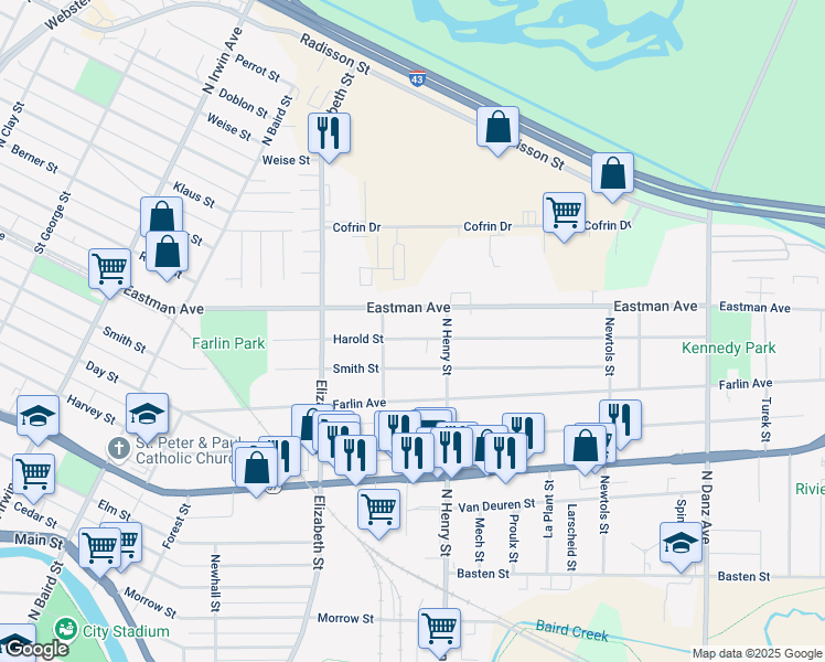map of restaurants, bars, coffee shops, grocery stores, and more near 1716 Eastman Avenue in Green Bay