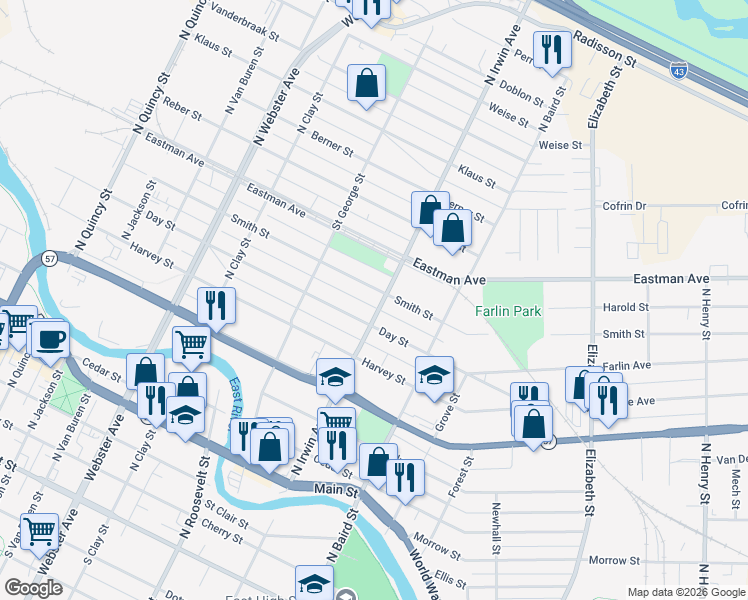 map of restaurants, bars, coffee shops, grocery stores, and more near 1283 Smith Street in Green Bay