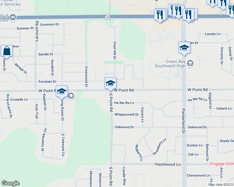 map of restaurants, bars, coffee shops, grocery stores, and more near 2780 West Point Road in Green Bay