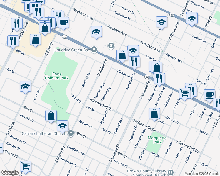 map of restaurants, bars, coffee shops, grocery stores, and more near 852 Raymond Street in Green Bay