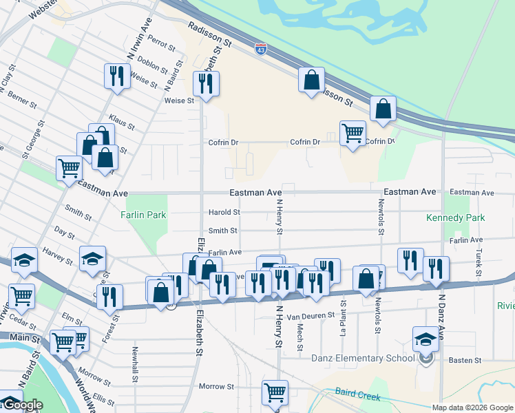 map of restaurants, bars, coffee shops, grocery stores, and more near 1716 Eastman Avenue in Green Bay
