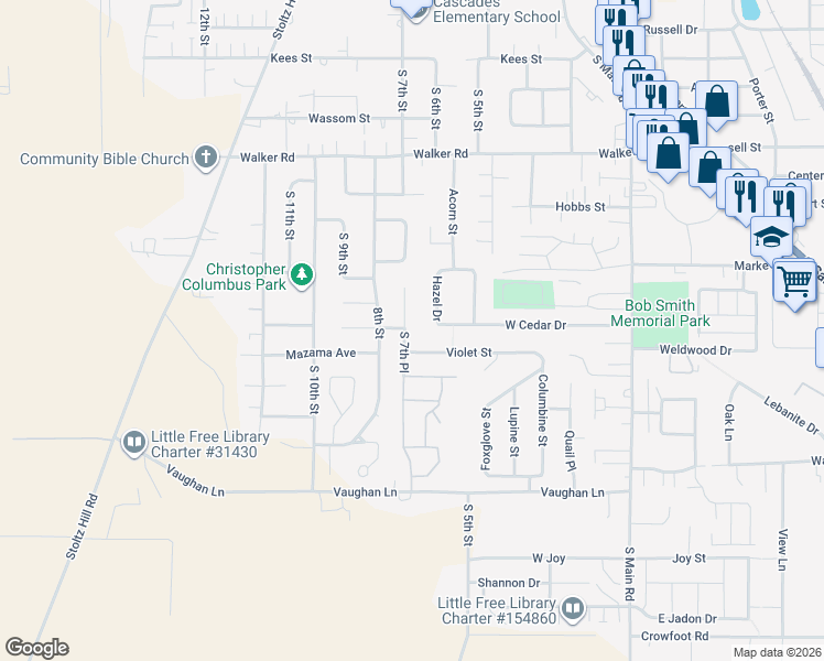 map of restaurants, bars, coffee shops, grocery stores, and more near 2902 South 7th Place in Lebanon