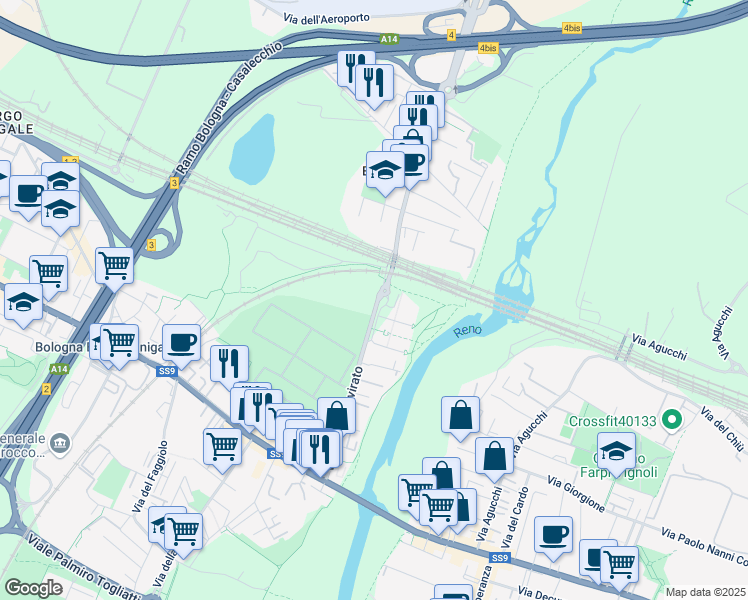 map of restaurants, bars, coffee shops, grocery stores, and more near 403 Via del Triumvirato in Bologna