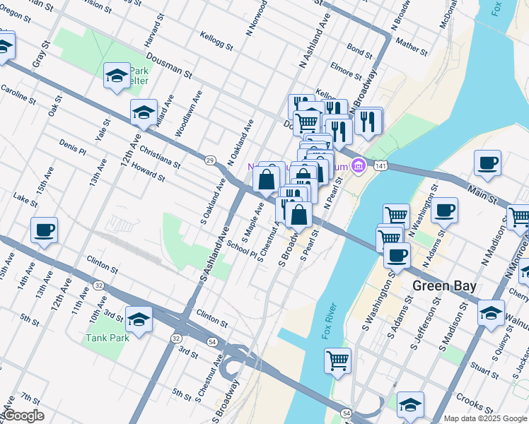 map of restaurants, bars, coffee shops, grocery stores, and more near 108 South Maple Avenue in Green Bay