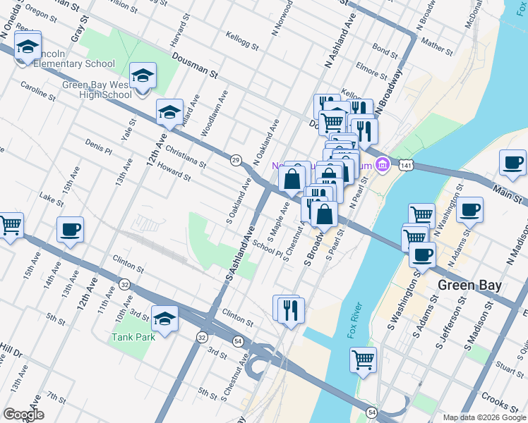 map of restaurants, bars, coffee shops, grocery stores, and more near 118 South Ashland Avenue in Green Bay