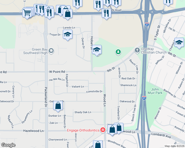 map of restaurants, bars, coffee shops, grocery stores, and more near 2452 West Point Road in Green Bay