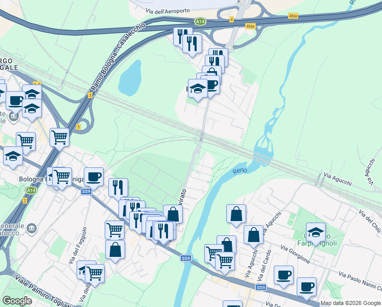 map of restaurants, bars, coffee shops, grocery stores, and more near 22 Via del Triumvirato in Bologna