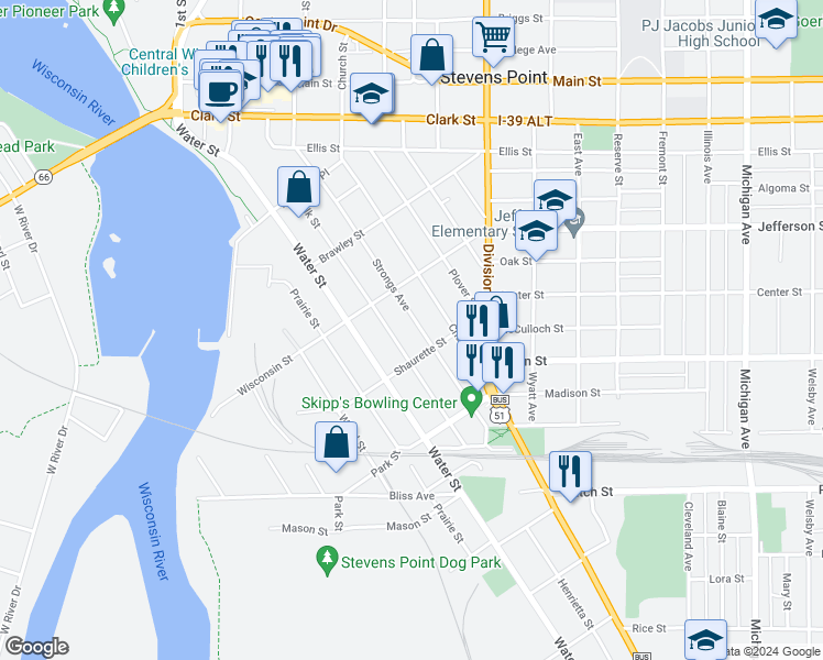 map of restaurants, bars, coffee shops, grocery stores, and more near 1950 Strongs Avenue in Stevens Point