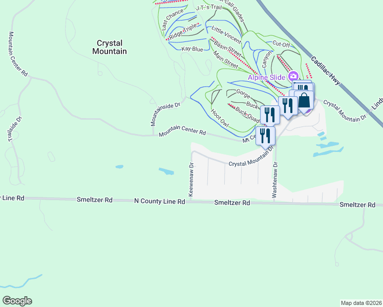 map of restaurants, bars, coffee shops, grocery stores, and more near 11900 Crystal Mountain Drive in Thompsonville