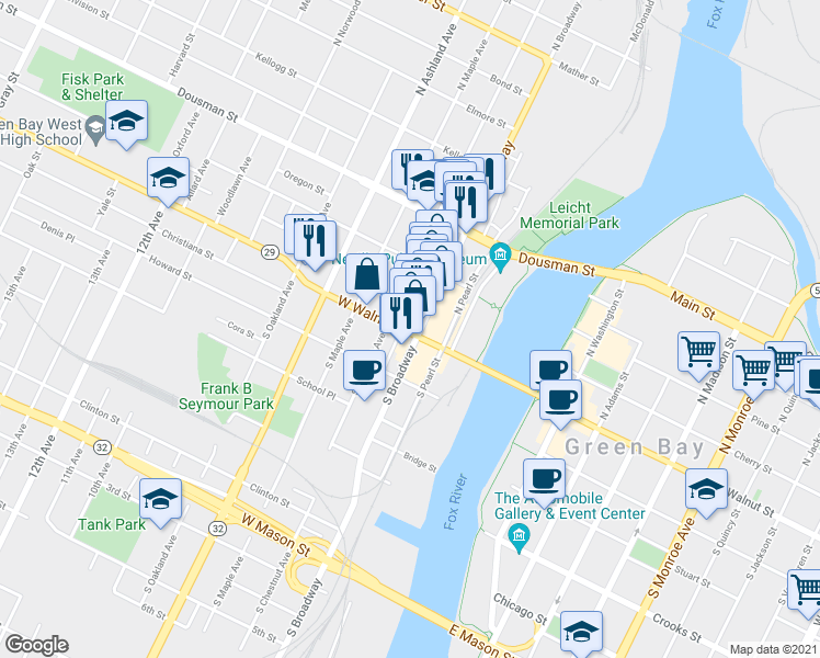 map of restaurants, bars, coffee shops, grocery stores, and more near 103 North Broadway in Green Bay
