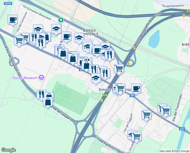 map of restaurants, bars, coffee shops, grocery stores, and more near 26 Via Marco Emilio Lepido in Bologna