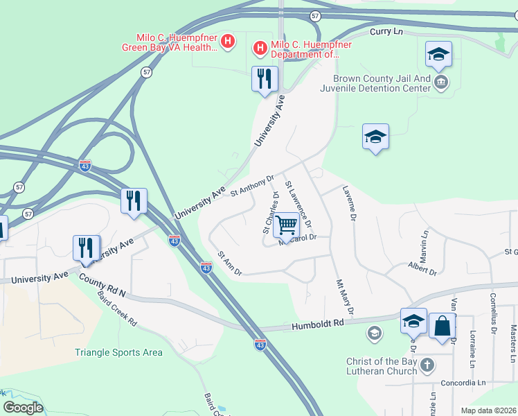 map of restaurants, bars, coffee shops, grocery stores, and more near 2517 Saint Ann Drive in Green Bay