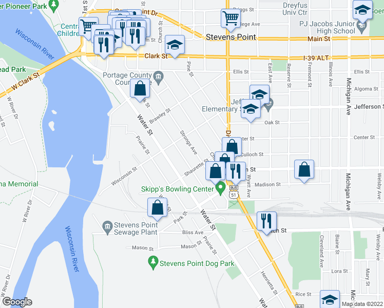 map of restaurants, bars, coffee shops, grocery stores, and more near 1948 Strongs Avenue in Stevens Point