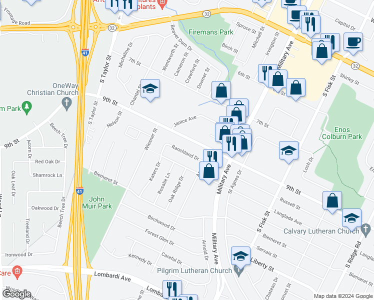 map of restaurants, bars, coffee shops, grocery stores, and more near 1644 Ranchland Drive in Green Bay