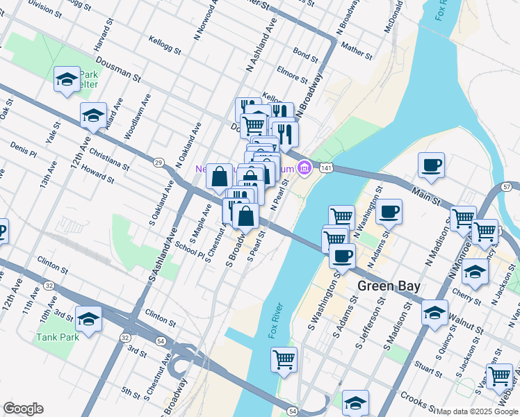 map of restaurants, bars, coffee shops, grocery stores, and more near 125 North Broadway in Green Bay