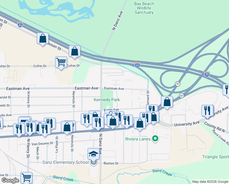 map of restaurants, bars, coffee shops, grocery stores, and more near 2250 Eastman Avenue in Green Bay