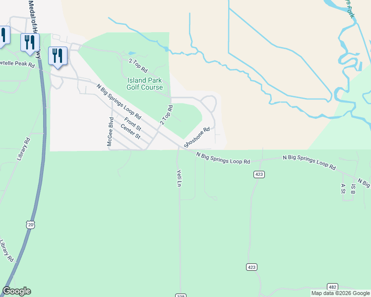 map of restaurants, bars, coffee shops, grocery stores, and more near 4222 Shoshone Rd in Island Park