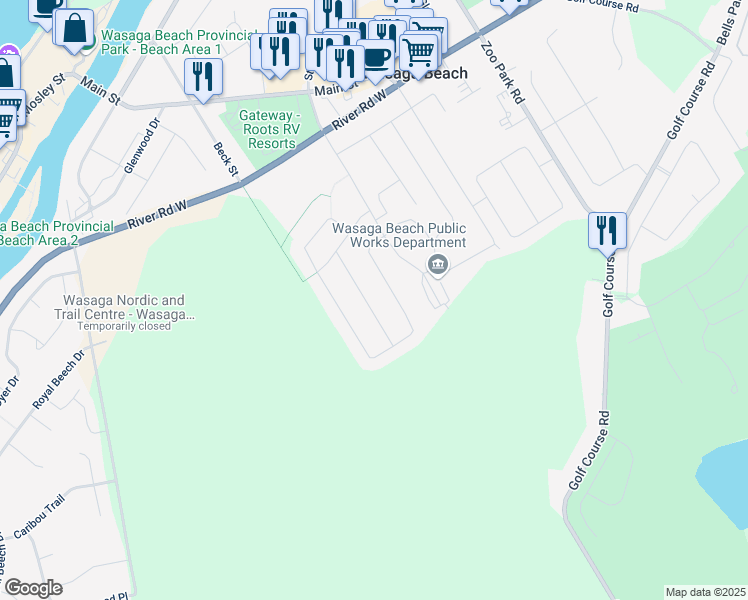 map of restaurants, bars, coffee shops, grocery stores, and more near 27 Grand Poplar Lane in Wasaga Beach