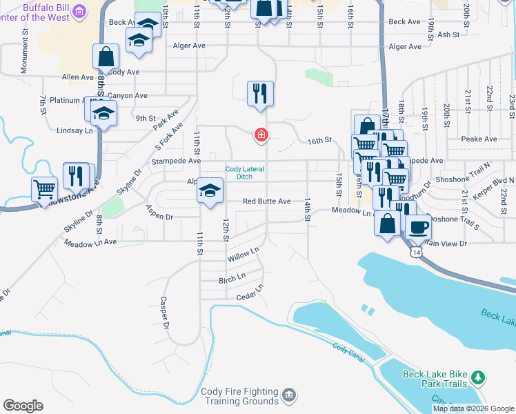 map of restaurants, bars, coffee shops, grocery stores, and more near 1232 Red Butte Avenue in Cody