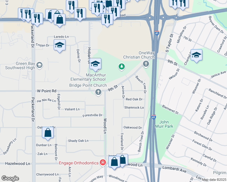 map of restaurants, bars, coffee shops, grocery stores, and more near 2335 9th Street in Green Bay