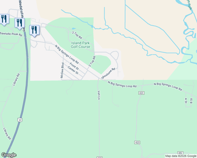 map of restaurants, bars, coffee shops, grocery stores, and more near 4209 Shoshone Road in Island Park