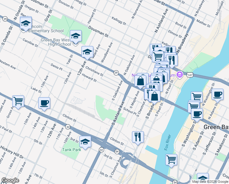 map of restaurants, bars, coffee shops, grocery stores, and more near 202 South Oakland Avenue in Green Bay