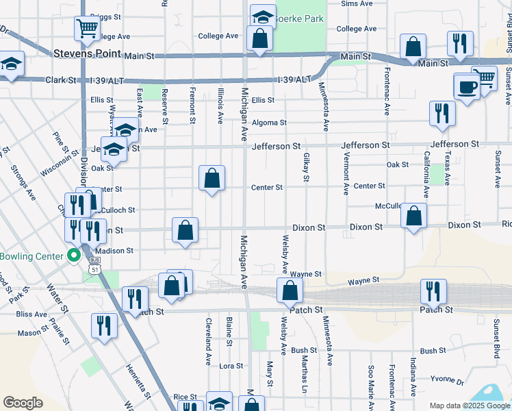 map of restaurants, bars, coffee shops, grocery stores, and more near 2425 Center Street in Stevens Point