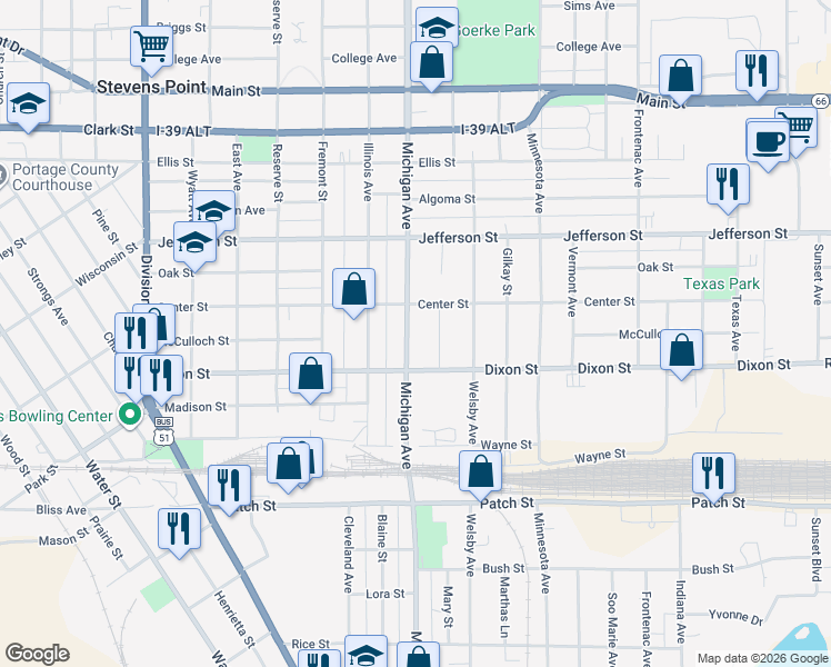 map of restaurants, bars, coffee shops, grocery stores, and more near 2024 Michigan Avenue in Stevens Point