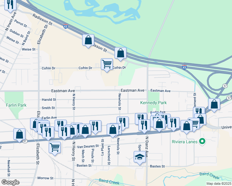 map of restaurants, bars, coffee shops, grocery stores, and more near 2006 Eastman Avenue in Green Bay